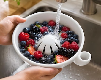 Ceramic Berry Bowl with Spout Vortex Fruit Washer Fruit Colander Cottagecore Kitchenware