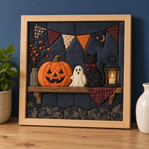 Op de afbeelding: Een ingelijst stoffen wandkunstwerk met een doorgestikte Halloween-scène op een donkerblauwe achtergrond. Het toont een pompoen, een wit spookje, een zwarte kat met een strik, een verlichte lantaarn en een vaas met oranje bessen op een plank.