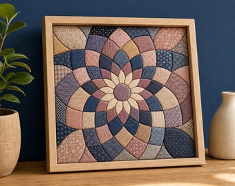Peut inclure: Une décoration murale carrée présentant un motif floral géométrique recouvert de tissu dans des tons de bleu, rose, beige et violet, encadrée dans un cadre en bois clair. Le design se compose de segments de tissu en forme de pétales.