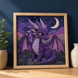 May include: A square framed wall art piece featuring a purple dragon with patterned scales sitting against a night sky background with a crescent moon and stars. The dragon has large wings, a light purple belly, and dark purple accents.