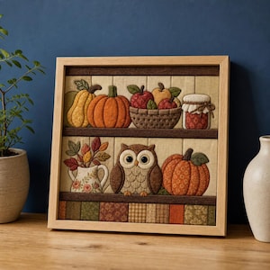 Könnte beinhalten: Ein quadratisches Wandbild aus Stoff in einem Rahmen mit zwei Regalböden. Das obere Regal zeigt einen gelben Kürbis, einen orangefarbenen Kürbis, einen Korb mit roten und gelben Äpfeln sowie ein Glas Marmelade. Das untere Regal zeigt einen Blumenkrug, eine Eule und einen Kürbis.