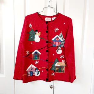 Christmas Snowman Village Vintage Cardigan Sweater size Small Winter Holiday