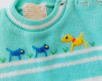 2pc Vintage Mint Knit Set with Dog Embroidery 0-3m Novelty Knit Cottagecore