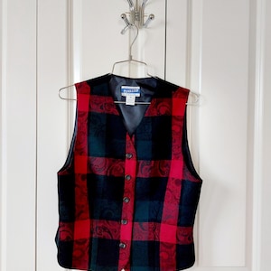Chaleco Pendleton de lana jacquard a cuadros rojos y verdes de los años 90, talla 10, para Navidad, para señora Claus.