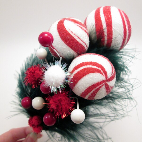 Peppermint Candy Mistletoe Holly Feather Fascinator -  Whimsical Vintage style - Whoville Inspired Christmas hat