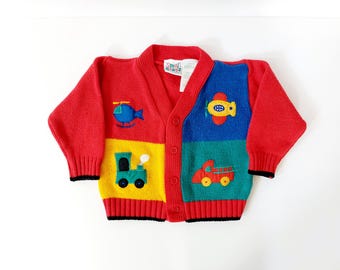 90s Transportation Cardigan 18m Small Steps Helicopter Train Plane Fire Engine Vintage Colorblock