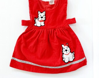 80s Scottie Dog Red Corduroy Pinafore Dress size 2T 100% cotton