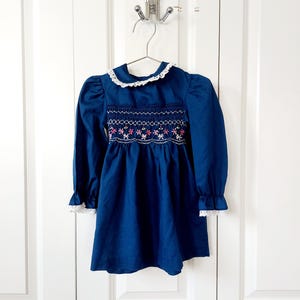 May include: A navy blue dress with long sleeves, a white lace collar, and cuffs. The bodice features intricate white and pink floral embroidery. The dress is hanging on a metal hanger against a white background.