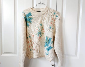 90s Cream Peach Teal Chunky Granny Sweater Large Rafferty Cottagecore Cableknit Fisherman New England