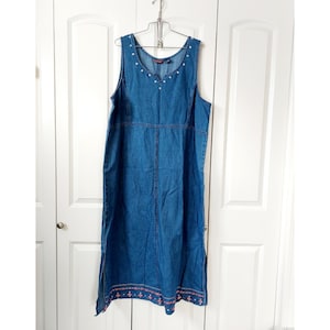 denim teacher jumper style dress Teacher denim embroidered jumper dress women XL school house kids blue  button ne
