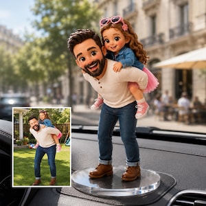 May include: Figurine of a father carrying a child piggyback. The father wears a white long-sleeve shirt, blue jeans, and brown boots. The child wears a denim jacket, pink skirt, and pink shoes. The figurine is on a clear circular base.