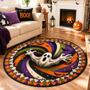 Puede incluir: Una alfombra redonda que presenta un fantasma blanco central con los brazos extendidos emergiendo de un vórtice giratorio de colores naranja, morado, verde y negro. El borde consiste en un patrón repetitivo de triángulos naranjas, verdes y morados.