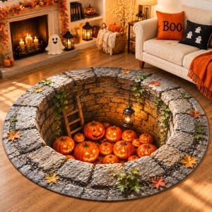 May include: A round area rug featuring a 3D optical illusion of a deep stone well. The design includes a circular stone wall, a wooden ladder, a hanging black lantern, and numerous glowing jack-o'-lanterns with carved faces inside the well.