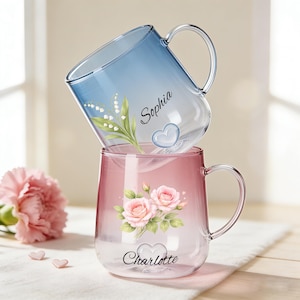 Custom Name Coffeee Mug, Personalized Gradient Glass Mug, Custom Birth Flower Coffee Cup, Mother's Day Gift, Gift For Her Birthday, New Mom