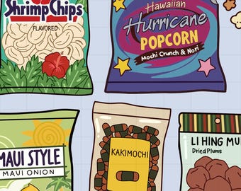 Paquete de pegatinas de snacks hawaianos / Snacks locales kawaii PNG (Descarga digital)
