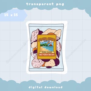 May include: A digital illustration of a clear snack bag filled with purple, tan, and speckled white chips. The label reads ALOHA CHIPS HAWAII, ALOHA FLAVOR, and SWEET POTATO & TARO CHIPS, featuring a graphic of a beach, mountains, and a rainbow.