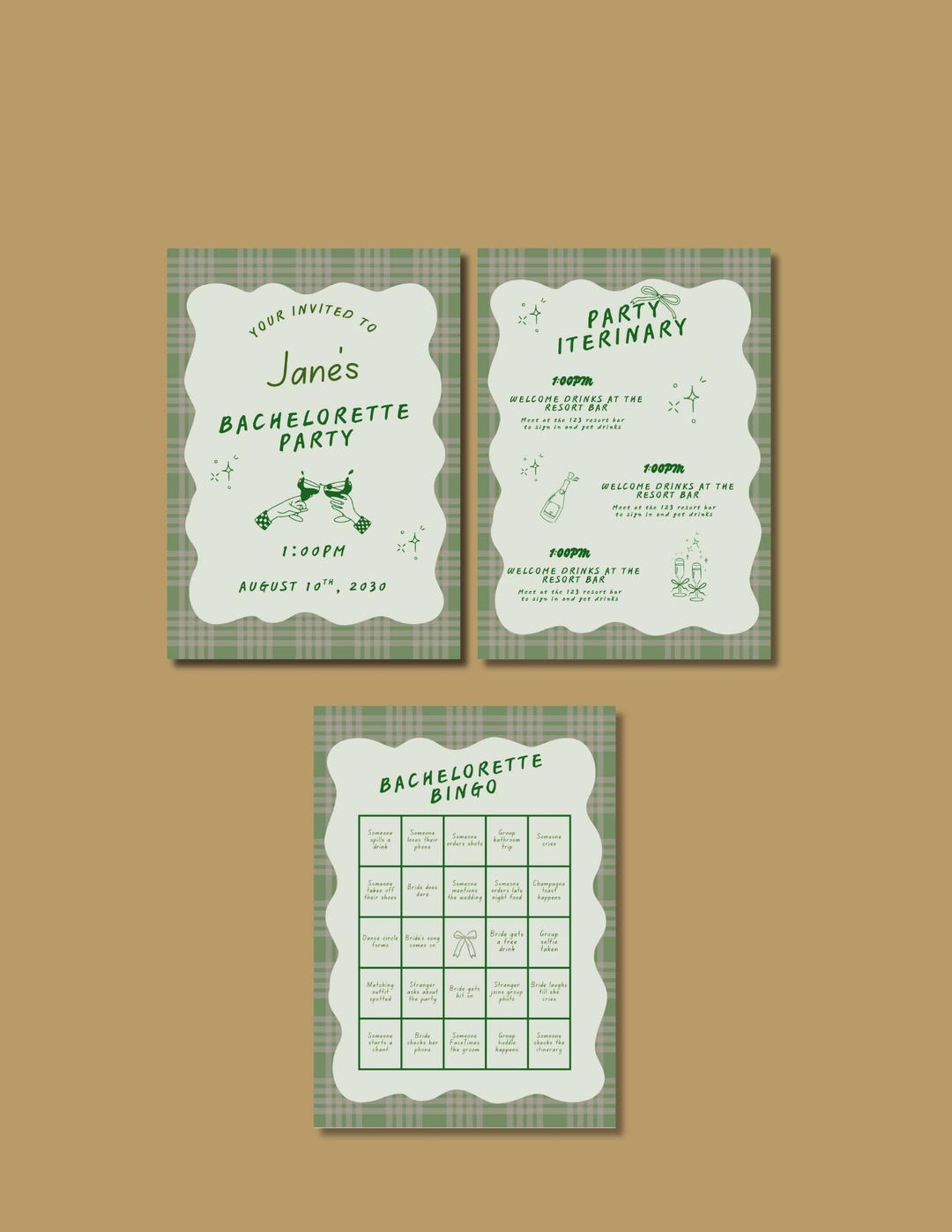 Editable Green Plaid Bachelorette Invitation Canva Template Palaka Bach ...