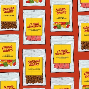 May include: A repeating pattern of candy bags on a solid red background. The bags feature yellow labels with text including Sakura Arare, Li Hing Bears, and Li Hing Sour Belts. The clear plastic pouches contain brown crackers or colourful gummy candies.