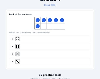 TX-Grade 1 Math Practice Tests | Texas TEKS | 86 Tests, 1,720 Questions | Interactive + Printable PDF + Answer Key