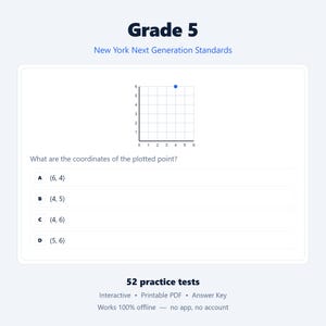 May include: A Grade 5 math worksheet titled New York Next Generation Standards featuring a coordinate plane with a single blue point plotted at coordinates 4, 6. The question asks for the coordinates of the plotted point with options A, B, C, and D.