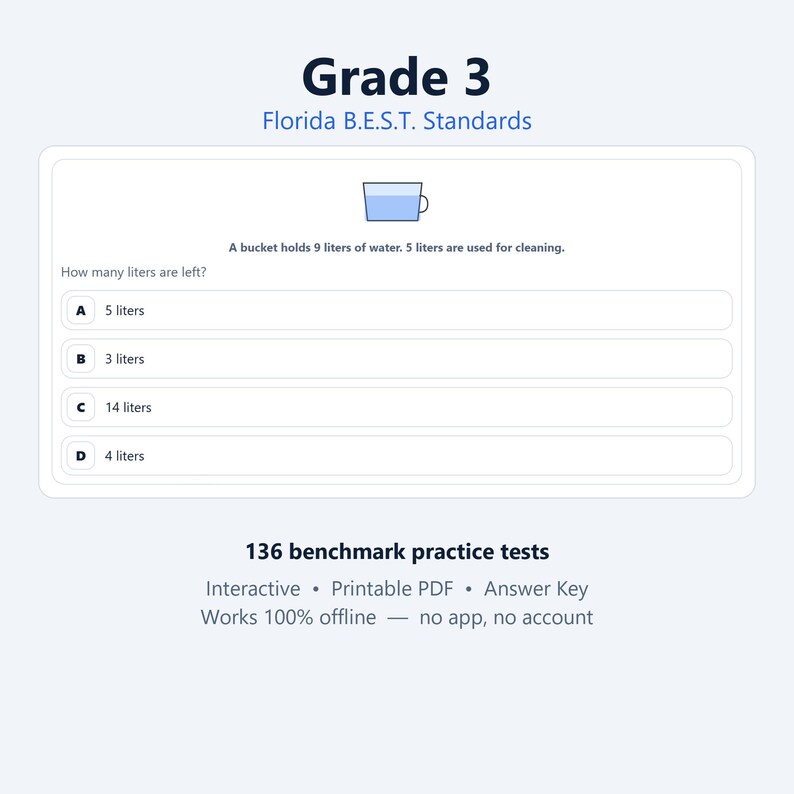 May include: A Grade 3 Florida B.E.S.T. Standards math worksheet featuring a word problem about a bucket holding 9 liters of water with 5 liters used for cleaning. It includes four multiple-choice options and text noting 136 benchmark practice tests.