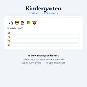 K&ouml;nnte beinhalten: Bildungsarbeitsblatt mit dem Titel Kindergarten Florida B.E.S.T. Standards, das eine Abfolge von f&uuml;nf Tier-Icons zeigt: Hund, Katze, Hase, Frosch und B&auml;r. Die Frage lautet Which is third?, gefolgt von vier Antwortm&ouml;glichkeiten mit Tier-Icons.