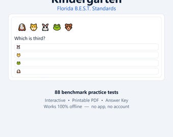 May include: Educational worksheet titled Kindergarten Florida B.E.S.T. Standards featuring a sequence of five animal icons: dog, cat, rabbit, frog, and bear. The question asks Which is third? followed by four multiple-choice options with animal icons.