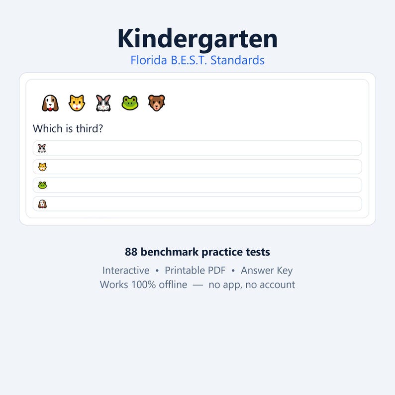 K&ouml;nnte beinhalten: Bildungsarbeitsblatt mit dem Titel Kindergarten Florida B.E.S.T. Standards, das eine Abfolge von f&uuml;nf Tier-Icons zeigt: Hund, Katze, Hase, Frosch und B&auml;r. Die Frage lautet Which is third?, gefolgt von vier Antwortm&ouml;glichkeiten mit Tier-Icons.