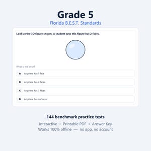 K&ouml;nnte beinhalten: Ein p&auml;dagogisches Arbeitsblatt der 5. Klasse nach Florida B.E.S.T. Standards mit einer Multiple-Choice-Mathematikaufgabe zu einer 3D-Kugel. Der Text fordert dazu auf, den Fehler in der Aussage eines Sch&uuml;lers &uuml;ber die Anzahl der Fl&auml;chen zu finden.