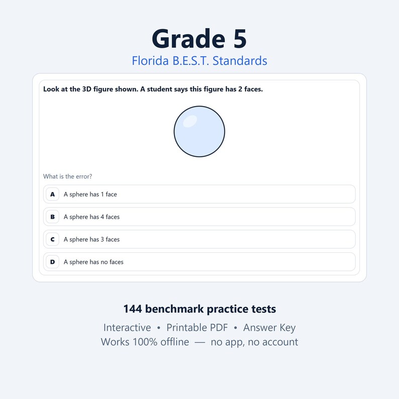 K&ouml;nnte beinhalten: Ein p&auml;dagogisches Arbeitsblatt der 5. Klasse nach Florida B.E.S.T. Standards mit einer Multiple-Choice-Mathematikaufgabe zu einer 3D-Kugel. Der Text fordert dazu auf, den Fehler in der Aussage eines Sch&uuml;lers &uuml;ber die Anzahl der Fl&auml;chen zu finden.