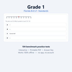 Op de afbeelding: Een Grade 1 Florida B.E.S.T. Standards werkblad met een getallenlijn van 30 tot 40 met een rode stip op 35. De tekst vraagt, The dot is at 35. Which symbol is true? 35 ? 35, met de meerkeuzeopties A, B, C en D.