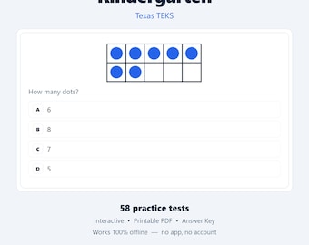 TX-Kindergarten Math Practice Tests | Texas TEKS | 58 Tests, 1,160 Questions | Interactive + Printable PDF + Answer Key