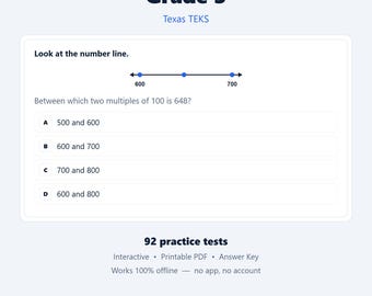 TX-Grade 3 Math Practice Tests | Texas TEKS | 92 Tests, 1,840 Questions | Interactive + Printable PDF + Answer Key