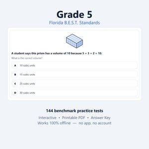 May include: A Grade 5 Florida B.E.S.T. Standards math worksheet featuring a rectangular prism graphic and a multiple-choice question about volume. The text asks, A student says this prism has a volume of 10 because 5 + 3 + 2 = 10. What is the correct volume?