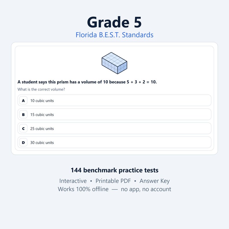 K&ouml;nnte beinhalten: Ein Mathematik-Arbeitsblatt der 5. Klasse nach Florida B.E.S.T.-Standards mit einer Grafik eines rechtwinkligen Prismas und einer Multiple-Choice-Frage zum Volumen. Der Text lautet: A student says this prism has a volume of 10 because 5 + 3 + 2 = 10. What is the correct volume?