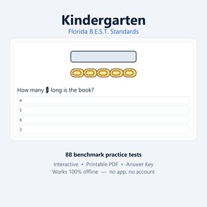 K&ouml;nnte beinhalten: Ein Kindergarten Florida B.E.S.T. Standards Arbeitsblatt mit einer Matheaufgabe, die fragt, How many paperclips long is the book? Die Seite enth&auml;lt ein hellblaues Rechteck, f&uuml;nf goldene ovale Formen und vier Auswahlm&ouml;glichkeiten.