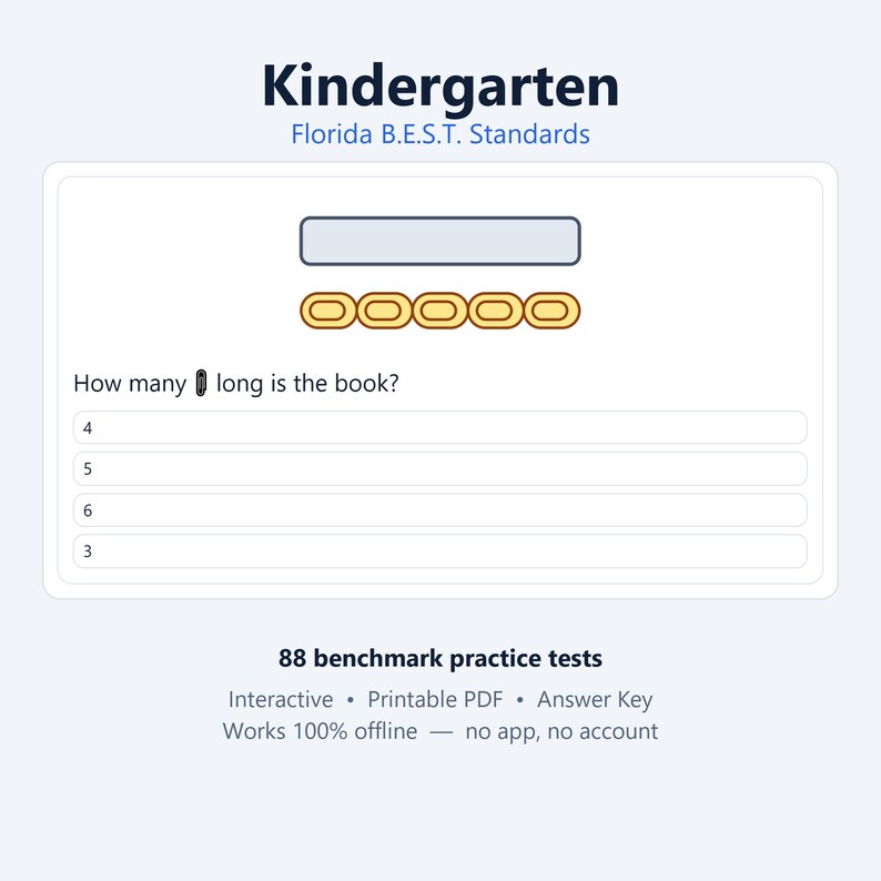 K&ouml;nnte beinhalten: Ein Kindergarten Florida B.E.S.T. Standards Arbeitsblatt mit einer Matheaufgabe, die fragt, How many paperclips long is the book? Die Seite enth&auml;lt ein hellblaues Rechteck, f&uuml;nf goldene ovale Formen und vier Auswahlm&ouml;glichkeiten.