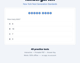 NY-Kindergarten Math Practice Tests | New York Next Gen | 48 Tests, 960 Questions | Interactive + Printable PDF + Answer Key