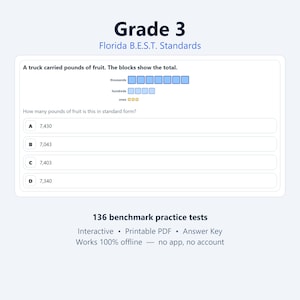 May include: A Grade 3 Florida B.E.S.T. Standards math worksheet featuring a word problem about pounds of fruit. It displays visual blocks for thousands, hundreds, and ones, followed by a multiple-choice question with options A, B, C, and D.