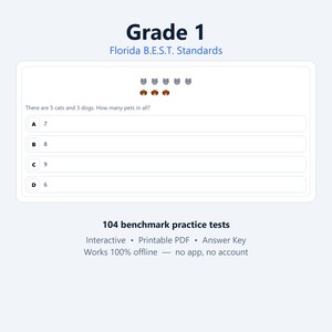 Op de afbeelding: Een wiskundewerkblad voor groep 3 volgens de Florida B.E.S.T. Standards met een som over 5 katten en 3 honden en meerkeuzeopties A, B, C en D. De pagina bevat 104 oefentoetsen, printbare PDF's en een antwoordsleutel.