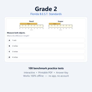 May include: A Grade 2 Florida B.E.S.T. Standards math worksheet featuring a pencil and crayon aligned with rulers marked in inches. The task asks to measure both objects and calculate the difference in length, with multiple-choice options A through D.