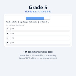 K&ouml;nnte beinhalten: Ein Mathematik-Arbeitsblatt der 5. Klasse nach Florida B.E.S.T.-Standards mit einer Textaufgabe zu Zuckermengen. Es enth&auml;lt einen visuellen Bruchbalken, eine Multiple-Choice-Frage mit vier Optionen und 144 Benchmark-&Uuml;bungstests.