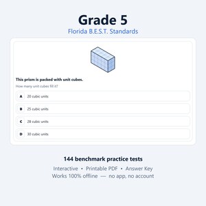 K&ouml;nnte beinhalten: Ein Mathematik-Arbeitsblatt der 5. Klasse nach Florida B.E.S.T. Standards mit einem aus Einheitsw&uuml;rfeln bestehenden Prisma. Der Text lautet: This prism is packed with unit cubes. How many unit cubes fill it? mit den Auswahlm&ouml;glichkeiten A, B, C und D.