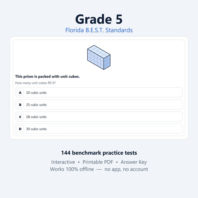 K&ouml;nnte beinhalten: Ein Mathematik-Arbeitsblatt der 5. Klasse nach Florida B.E.S.T. Standards mit einem aus Einheitsw&uuml;rfeln bestehenden Prisma. Der Text lautet: This prism is packed with unit cubes. How many unit cubes fill it? mit den Auswahlm&ouml;glichkeiten A, B, C und D.