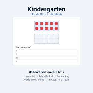 K&ouml;nnte beinhalten: Ein Kindergarten Florida B.E.S.T. Standards Arbeitsblatt mit einem Zehnerfeld mit zehn roten Kreisen, einem leeren Zehnerfeld und der Frage How many ones? mit den Auswahlm&ouml;glichkeiten 1, 0, 10 und 2. Enth&auml;lt 88 Benchmark-&Uuml;bungstests.