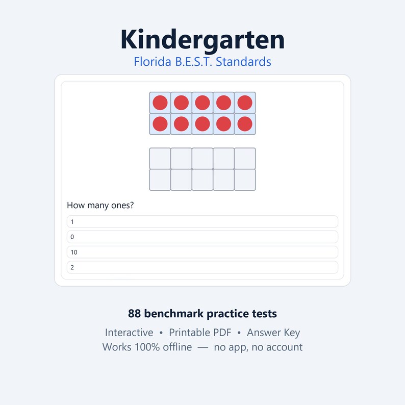 K&ouml;nnte beinhalten: Ein Kindergarten Florida B.E.S.T. Standards Arbeitsblatt mit einem Zehnerfeld mit zehn roten Kreisen, einem leeren Zehnerfeld und der Frage How many ones? mit den Auswahlm&ouml;glichkeiten 1, 0, 10 und 2. Enth&auml;lt 88 Benchmark-&Uuml;bungstests.