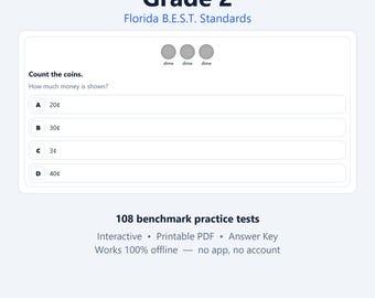 Könnte beinhalten: Ein Mathematik-Arbeitsblatt der 2. Klasse nach Florida B.E.S.T. Standards mit einer Multiple-Choice-Aufgabe zum Zählen von drei Dimes. Die Optionen sind 20, 30, 3 und 40 Cent. Unten steht: 108 Benchmark-Übungstests, interaktiv, druckbares PDF, Lösungsschlüssel, funktioniert 100% offline.