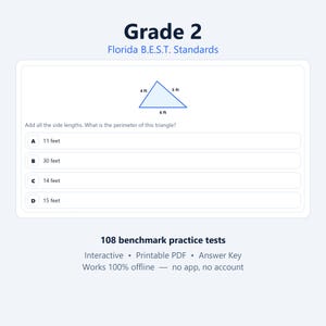 May include: A Grade 2 Florida B.E.S.T. Standards math worksheet featuring a blue triangle with side lengths of 4 ft, 5 ft, and 6 ft. The text asks to add all side lengths to find the perimeter, with multiple choice options A, B, C, and D provided.