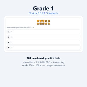 Op de afbeelding: Een wiskundewerkblad voor groep 3 volgens de Florida B.E.S.T.-normen met een aftreksom en tien oranje cirkels, waarvan er enkele zijn doorgestreept. Het bevat meerkeuzeopties A tot en met D en 104 oefentoetsen die interactief of als printbare PDF beschikbaar zijn.