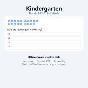 K&ouml;nnte beinhalten: Ein Arbeitsblatt mit dem Titel Kindergarten Florida B.E.S.T. Standards, das eine Matheaufgabe mit hellblauen Punkten und dem Text Dots are rearranged. How many? sowie vier numerische Optionen: 18, 20, 19 und 17 und 88 Benchmark-&Uuml;bungstests enth&auml;lt.